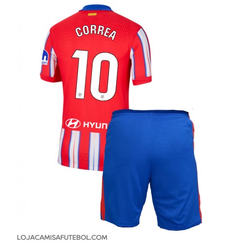 Camisa de Futebol Atletico Madrid Angel Correa #10 Equipamento Principal Infantil 2024-25 Manga Curta (+ Calças curtas)